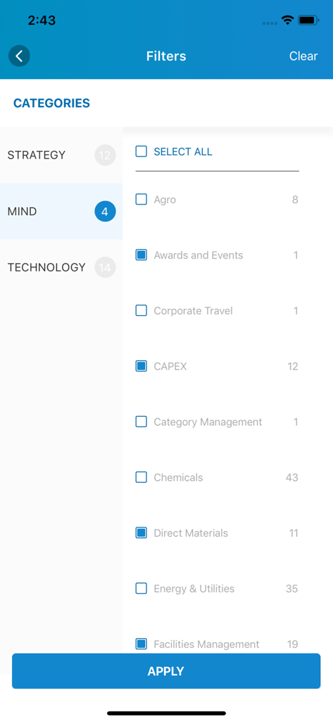 GEP GO - Interfaz de la aplicación GEP GO que muestra opciones de filtro de contenido para categorías de investigación de adquisiciones y cadena de suministro