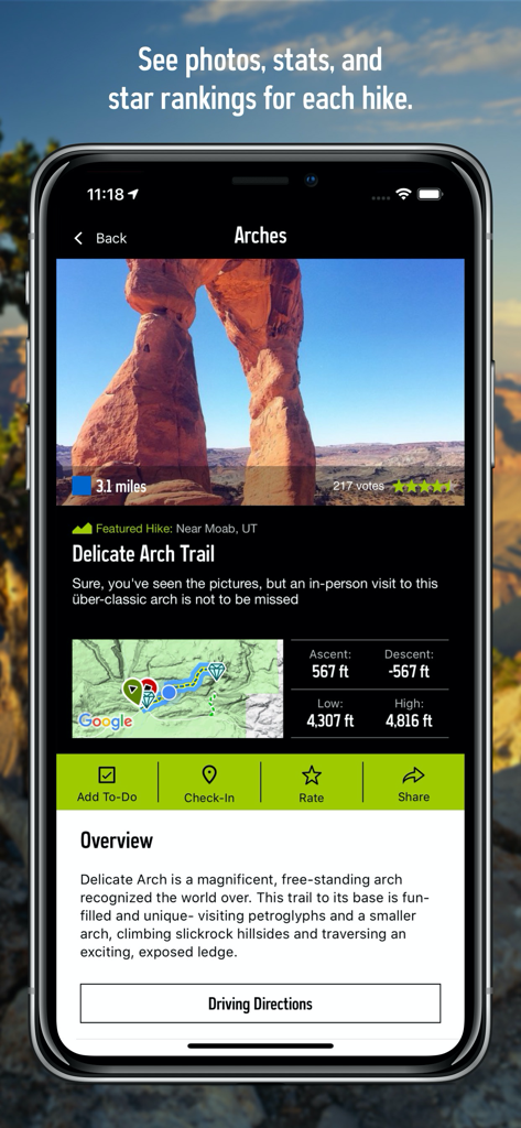 National Park Trail Guide - Mobile screen showing trail details for Delicate Arch with hike stats, map, and elevation profile in the National Park Trail Guide app.
