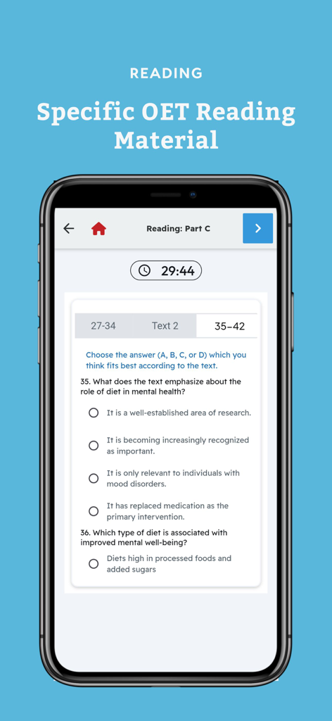 OET Sample Tests - OET Sample Tests app interface showing a reading comprehension question about diet and mental health with multiple choice answers and a timer