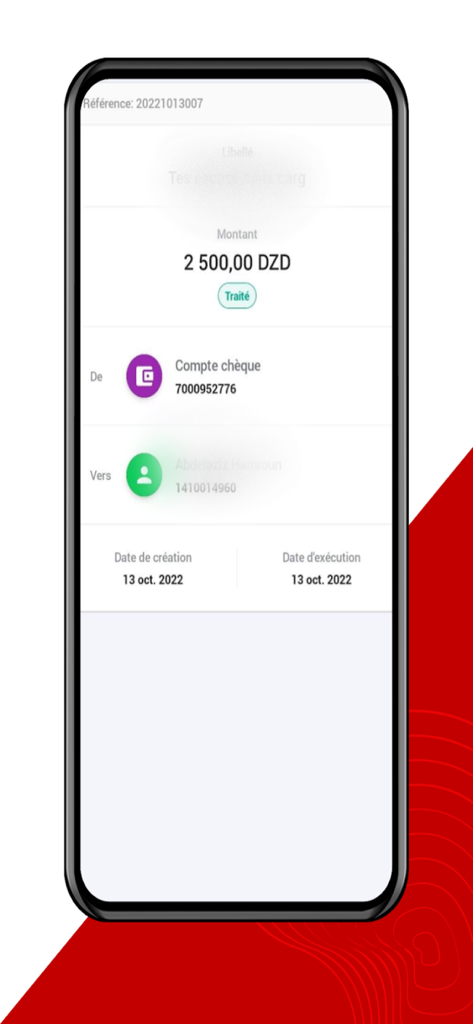 Un écran de téléphone mobile affichant les détails des transactions traitées pour un transfert de 2500 DZD dans l'application CNEP Connect