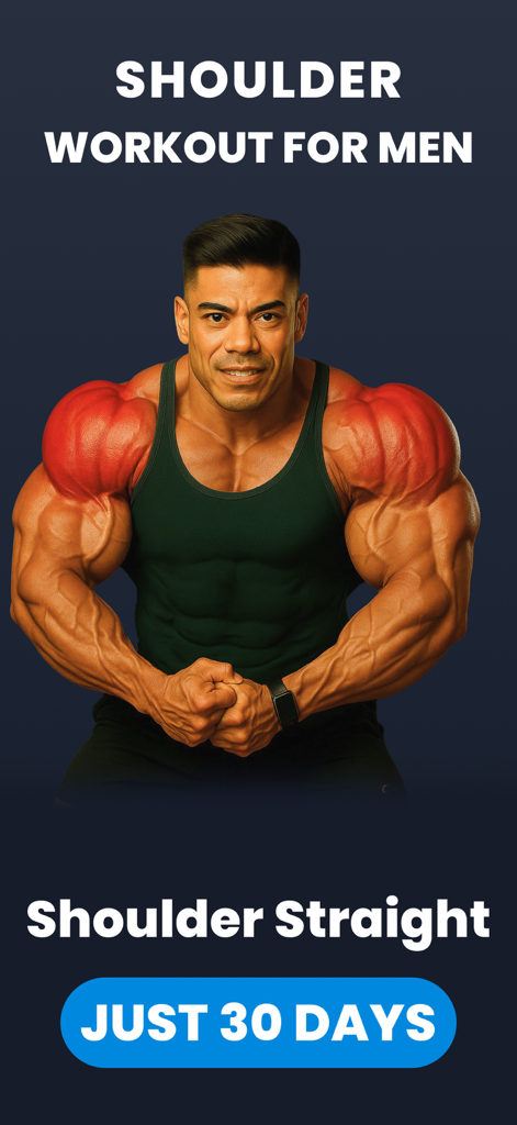 Muscular man with highlighted red shoulder muscles for a 30 day workout challenge for men
