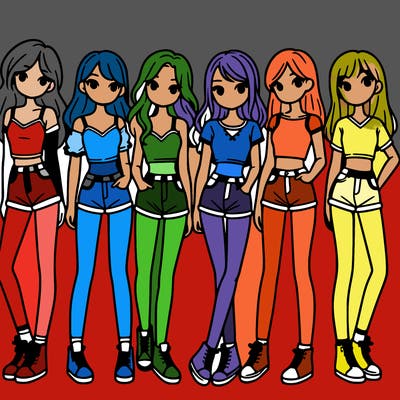 a group of girls wearing crop tops and shorts