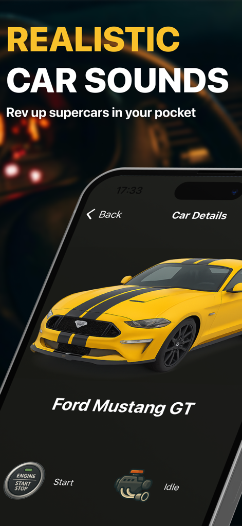 Car Sounds Simulator - RevIt - A mobile interface for the RevIt app showing a yellow Ford Mustang GT with options to play engine start and idle sounds