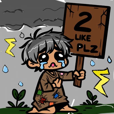 small poor toddler crying with sign that says 2 like plz