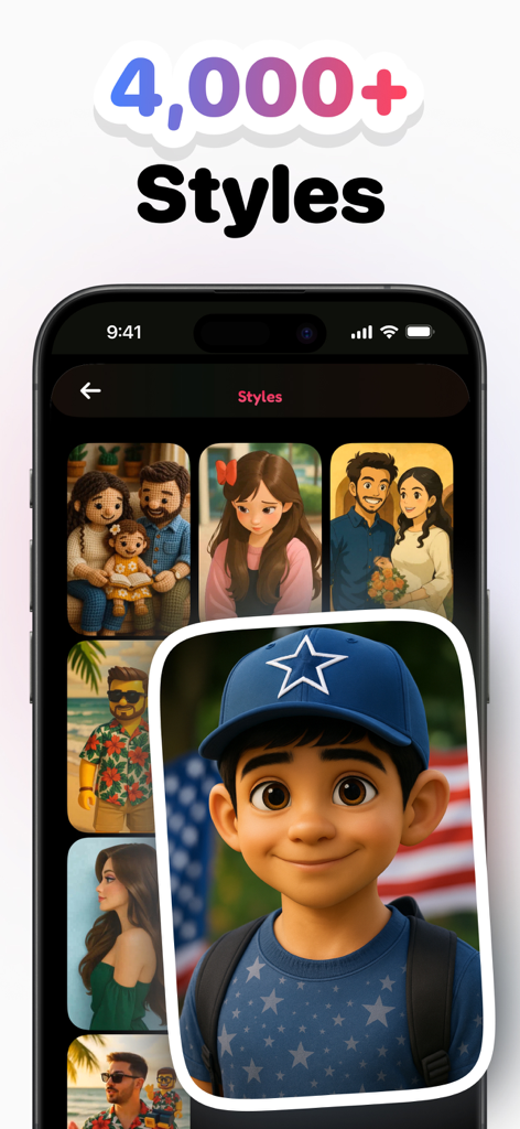 Sivu AI Video Photo Generator - Sivu AI app interface showing a variety of photo transformation styles including cartoon and 3D animation effects.