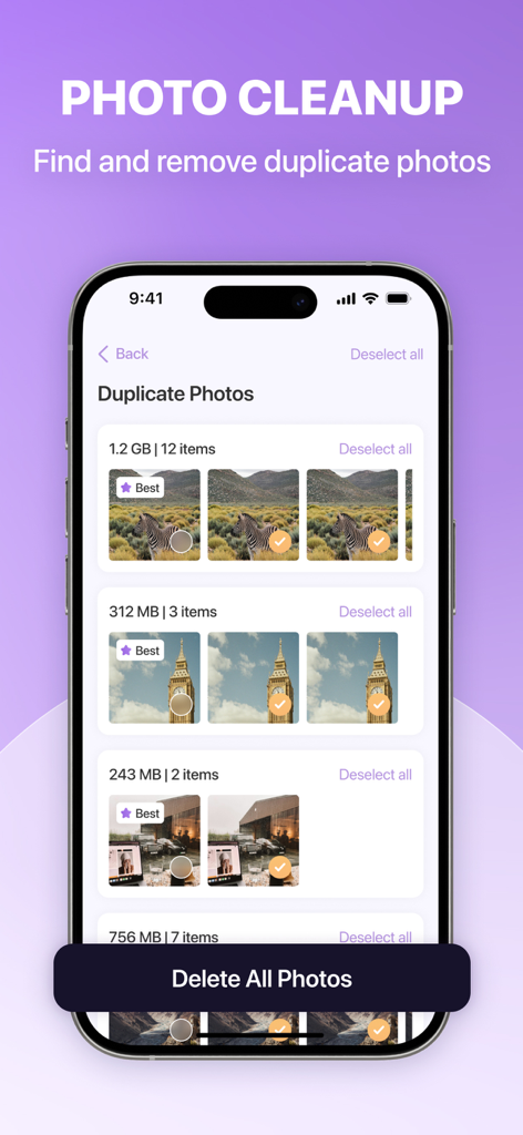 CleanMate App-Oberfläche, die die Erkennung und Entfernung doppelter Fotos zeigt