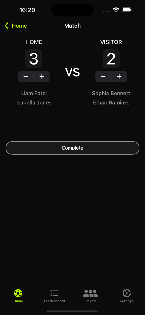 Foosball - Table Soccer - 2チーム間のフーズボールの試合のスコア追跡画面。