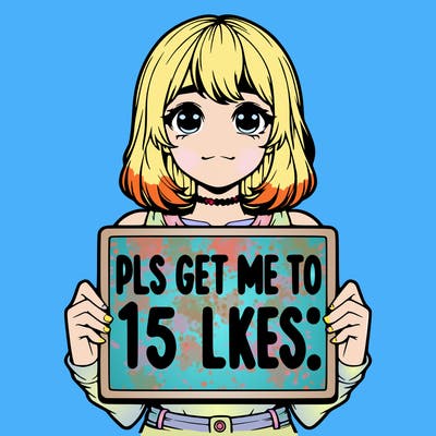 realistic girl holding up a sign that says “pls get me to 15 likes!”