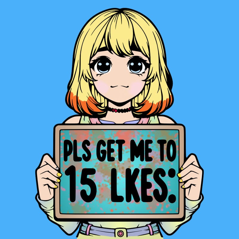 realistic girl holding up a sign that says “pls get me to 15 likes!”