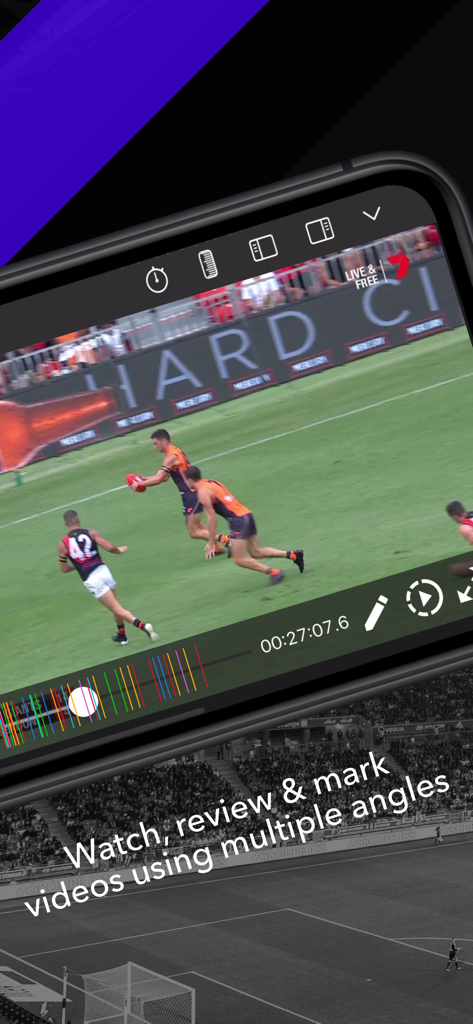 Piston - Smartphone displaying Piston app interface for multi-angle sports video review and performance analysis.