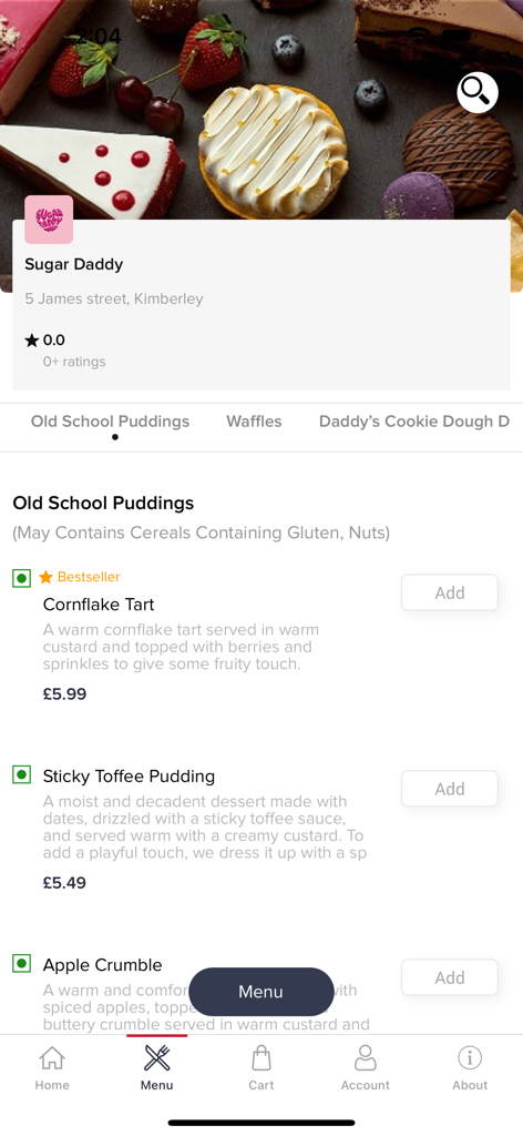 L'interfaccia del menu dell'app Sugar Daddy Online che visualizza una selezione di budini e dessert compresi prezzi e descrizioni.