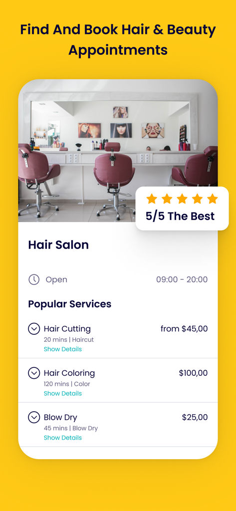 Belliata app screen showing hair salon services pricing and 5 star rating