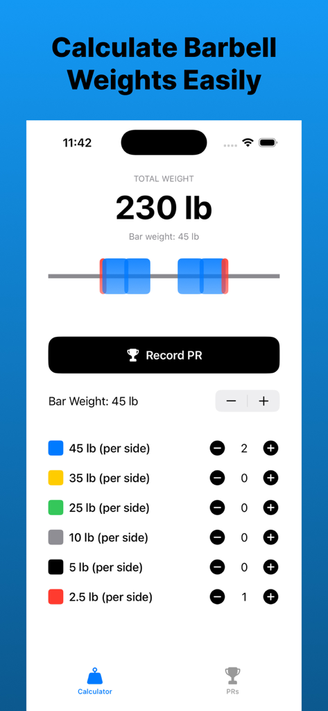 Interface de l'application Calculateur de Poids d'Haltères montrant un poids total de 230 lb et une visualisation symétrique du chargement des disques.