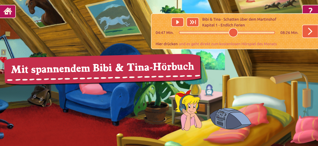 Bibi and Tina character listening to a story with an audio player overlay in a cozy bedroom