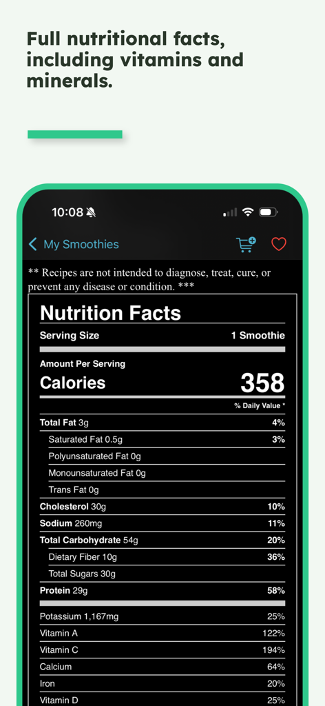 カロリー、マクロ、ビタミンを含むレシピの詳細な栄養成分表示ラベルが表示されたSimply Smoothiesアプリのスクリーンショット