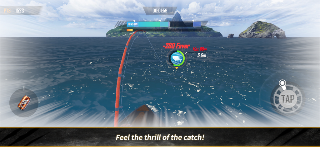 Hunt And Hook:Frontier - A first person view of 3D fishing gameplay showing a bent rod and tension meter on the ocean