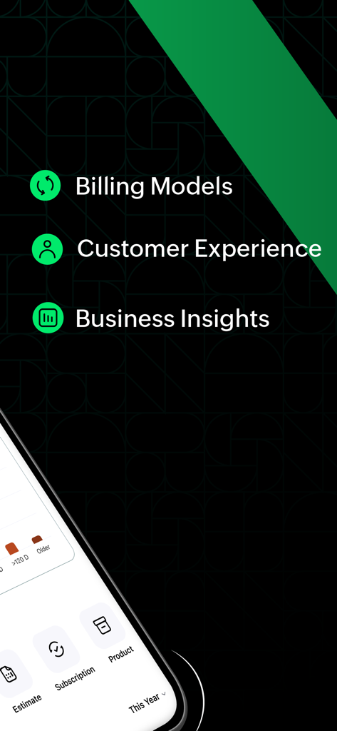 Zoho Billing app interface highlighting billing models customer experience and business insights categories