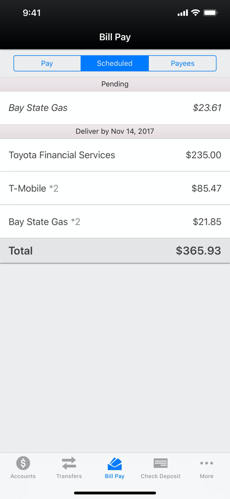 Scheduled bill payments screen in the Mechanics Bank mobile banking app