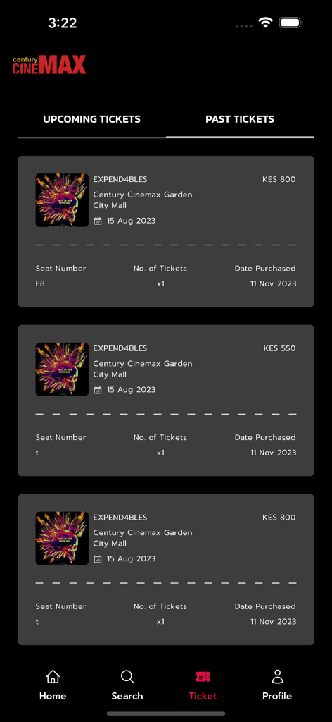 Century Cinemax - Tela do aplicativo Century Cinemax mostrando uma lista de ingressos de cinema passados com detalhes de assento e preço