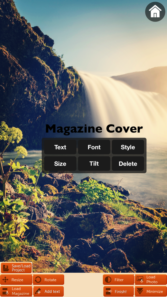 Magazine Cover - Filter, Add text style, 3D effect - Interfaz de aplicación para crear una portada de revista con herramientas de edición de texto sobre una foto escénica de una cascada