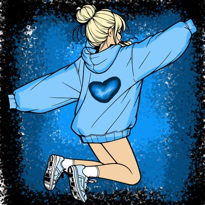 realistic girl jumping with a bun and oversized sweatshirt