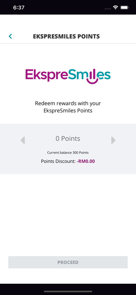 Pantalla de canjeo de puntos EkspreSmiles en la app móvil KLIA Ekspres