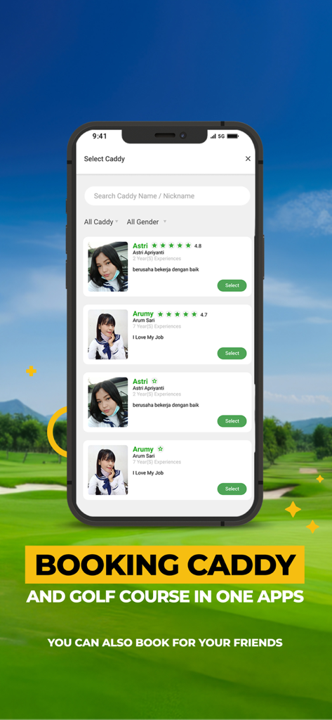 Interface of Golfers Booking app displaying a list of available caddies with ratings, names, and profiles for selection.