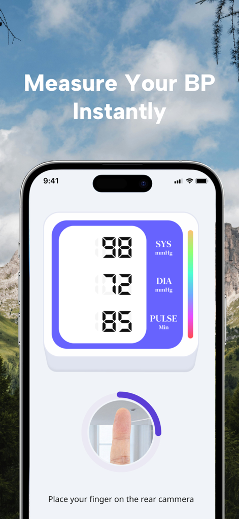 AI Health Pulse - Heart Rate - Tela de smartphone mostrando medição de pressão arterial e pulso usando a câmera do telefone.