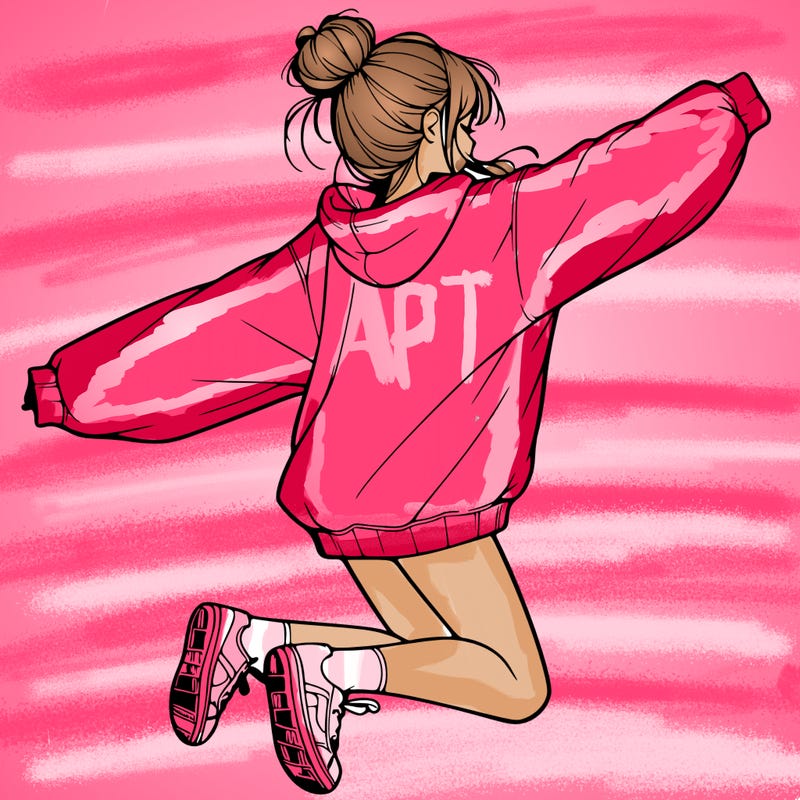 realistic girl jumping with a bun and oversized sweatshirt