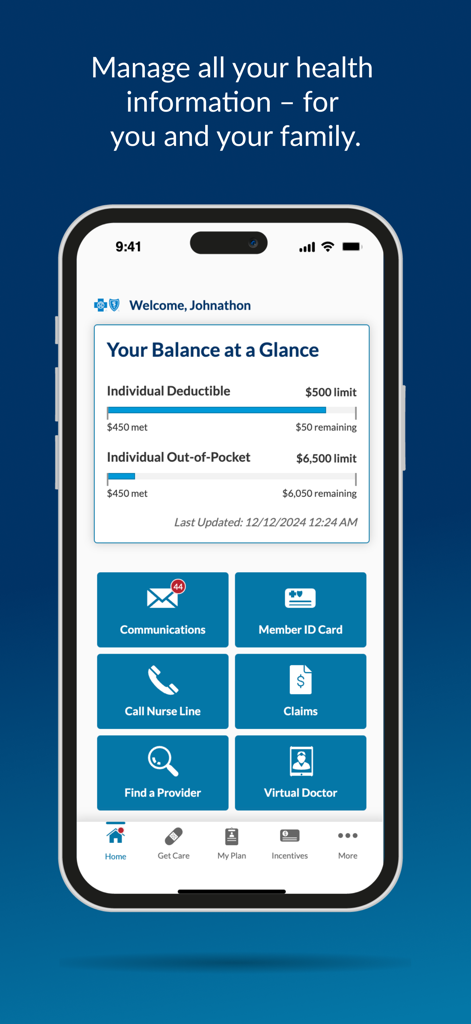 fepblue - fepblue mobile app home screen showing health insurance deductible progress and quick navigation buttons