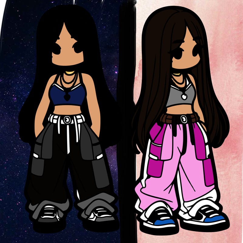 girl in baggy pants crop top and long hair