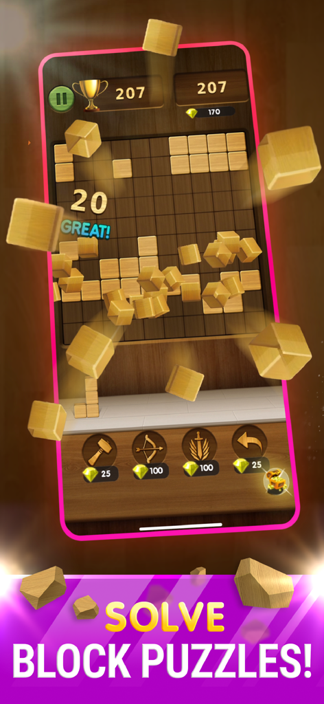 Screenshot of the wooden block puzzle game within the No Wifi Games app interface.