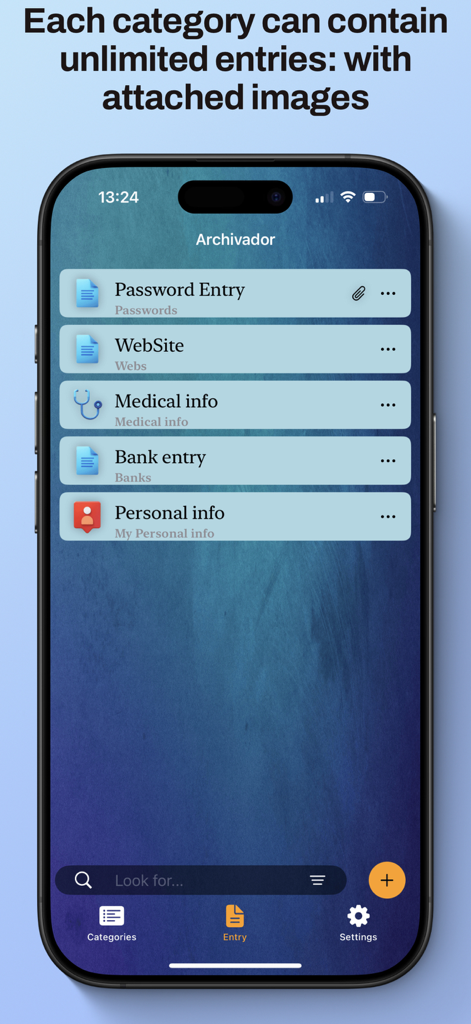 Archivador - Pantalla de la aplicación móvil Archivador mostrando una lista de entradas para contraseñas, información médica y detalles bancarios