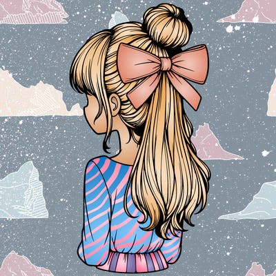 realistic girl  with hip length hair a bun and a big bow on the back of head