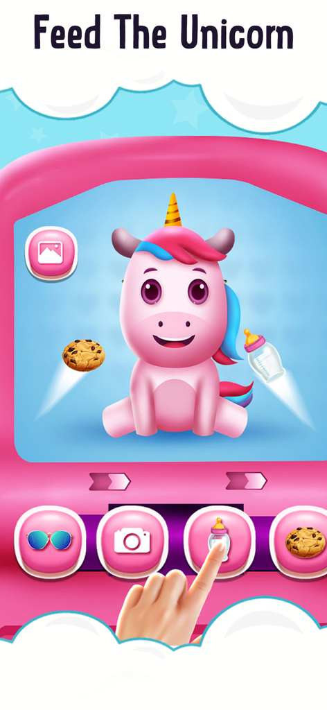 Princess Carphone Doll Games - A pink unicorn character in a feed the unicorn mini game from the Princess Carphone Doll Games app