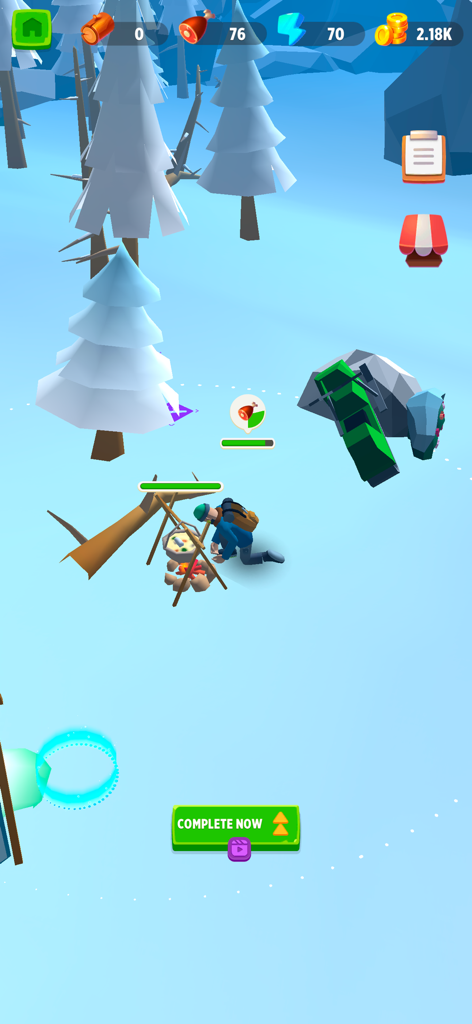 Survival Island - Build a City - サバイバルアイランドのゲームで、雪深い冬の森でキャンプファイヤーで調理するキャラクター。