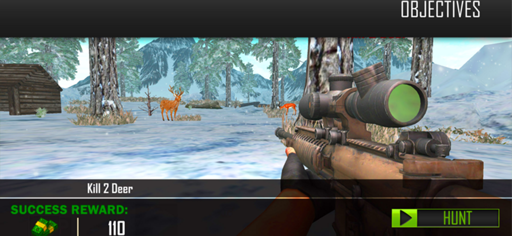 Deer Hunting Wild Animal Games - Sniper rifle aiming at a deer in a snowy winter forest mission
