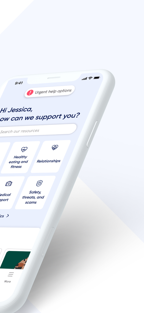 Sonder: Wellbeing & safety - Pantalla de teléfono inteligente que muestra las opciones de apoyo de bienestar y seguridad de la aplicación Sonder
