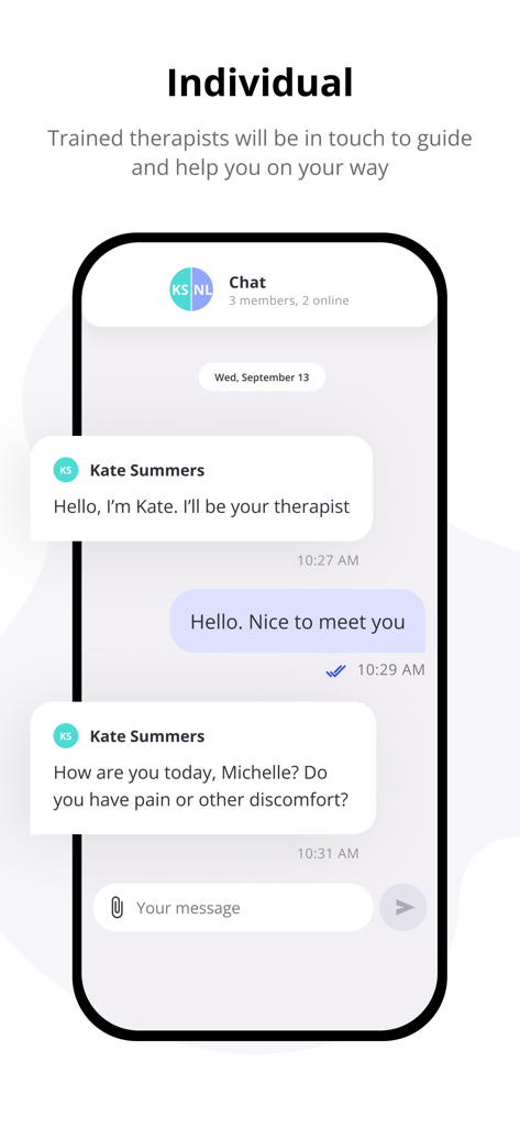 Mobile App Chat-Oberfläche zwischen einem Physiotherapeuten und einem Patienten für medizinische Beratung.