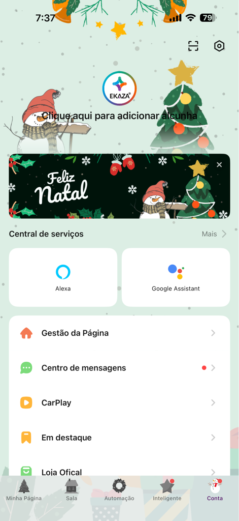 EKAZA smart home app account screen showing Alexa and Google Assistant integration options