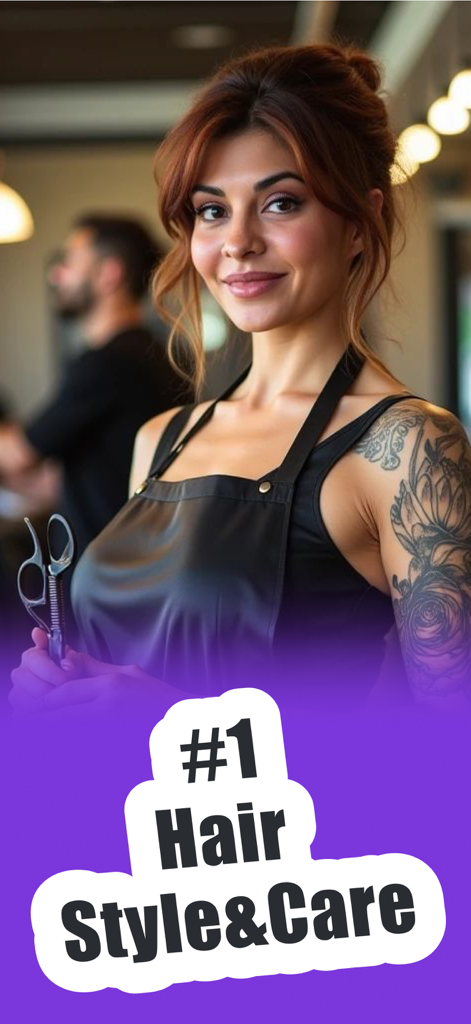 AI Hair Style&Care - HairMaxx - A professional female hairstylist holding scissors with text saying number one hair style and care