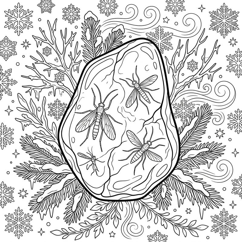 Journey back in time with this captivating coloring page featuring fossilized amber flies, beautifully preserved amidst a crisp winter wonderland. Designed especially for teens, this intricate scene combines ancient marvels with frosty charm, offering a unique creative challenge.