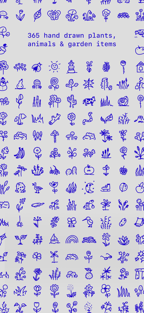 one year: daily journal - 日々のジャーナリングのための植物や動物を表す青い手描きのアイコンのコレクション。