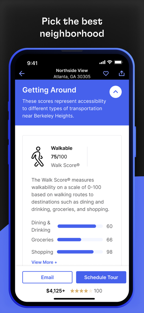 Rent. Apartments and Homes - Rent app screenshot showing neighborhood walk score and accessibility information for an apartment in Atlanta
