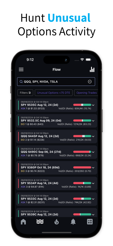 Interface do aplicativo Unusual Whales para caçar fluxo de atividade incomum de opções