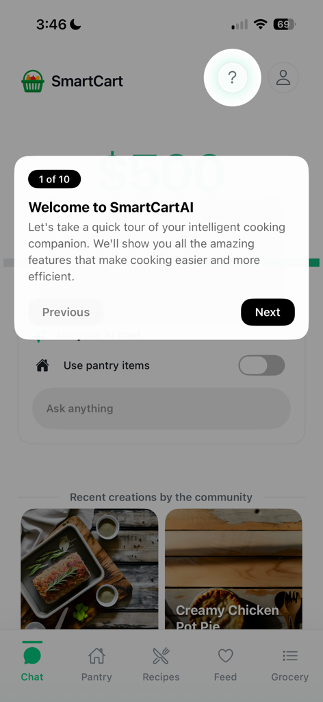 SmartCart - AI Meal Planner - Tela de boas-vindas do aplicativo SmartCart iniciando um tour de integração.