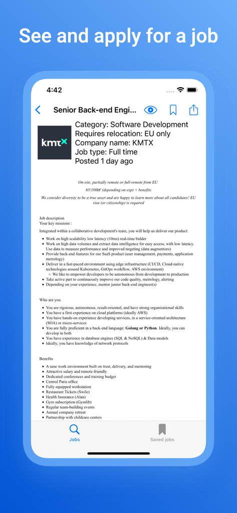 Interfaccia dell'app mobile Remoti che mostra la descrizione dettagliata del lavoro e i benefit per un ruolo di ingegnere del software da remoto