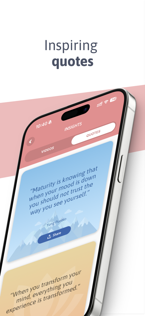 Smartphone exibindo citações inspiradoras para mindfulness e maturidade no app de meditação Lojong