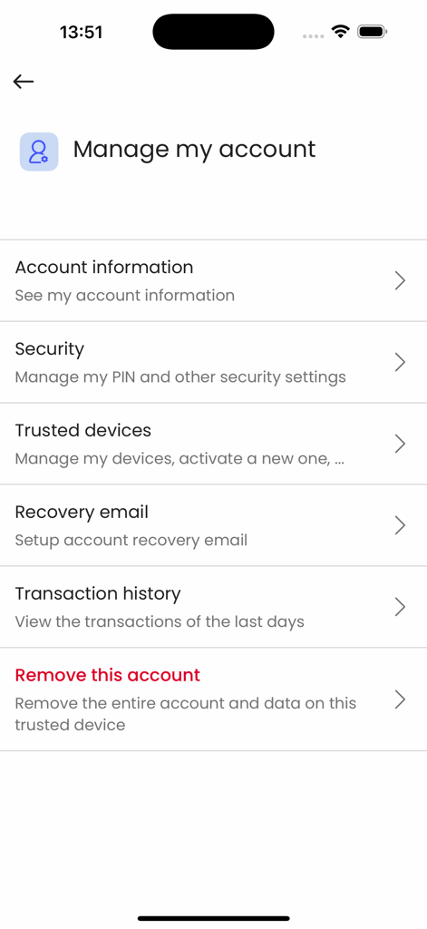 Account management screen in the TrustBuilder Authenticator app showing options for security trusted devices and account recovery