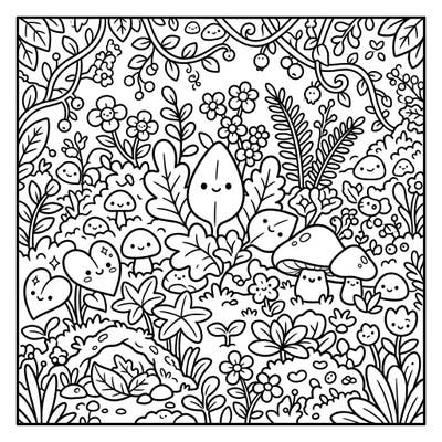 Immerse yourself in the whimsical charm of a Kawaii forest undergrowth. This delightful coloring page features a vibrant ecosystem of smiling plants, mushrooms, and adorable flora waiting for your creative touch.